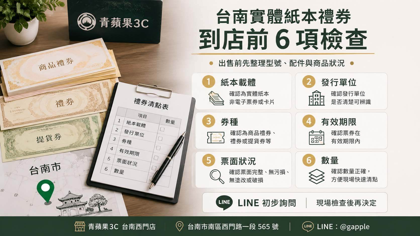 桌面上分類擺放實體紙本禮券與紙本提貨券，旁邊有期限、票面狀況、數量及台南門市定位檢查表